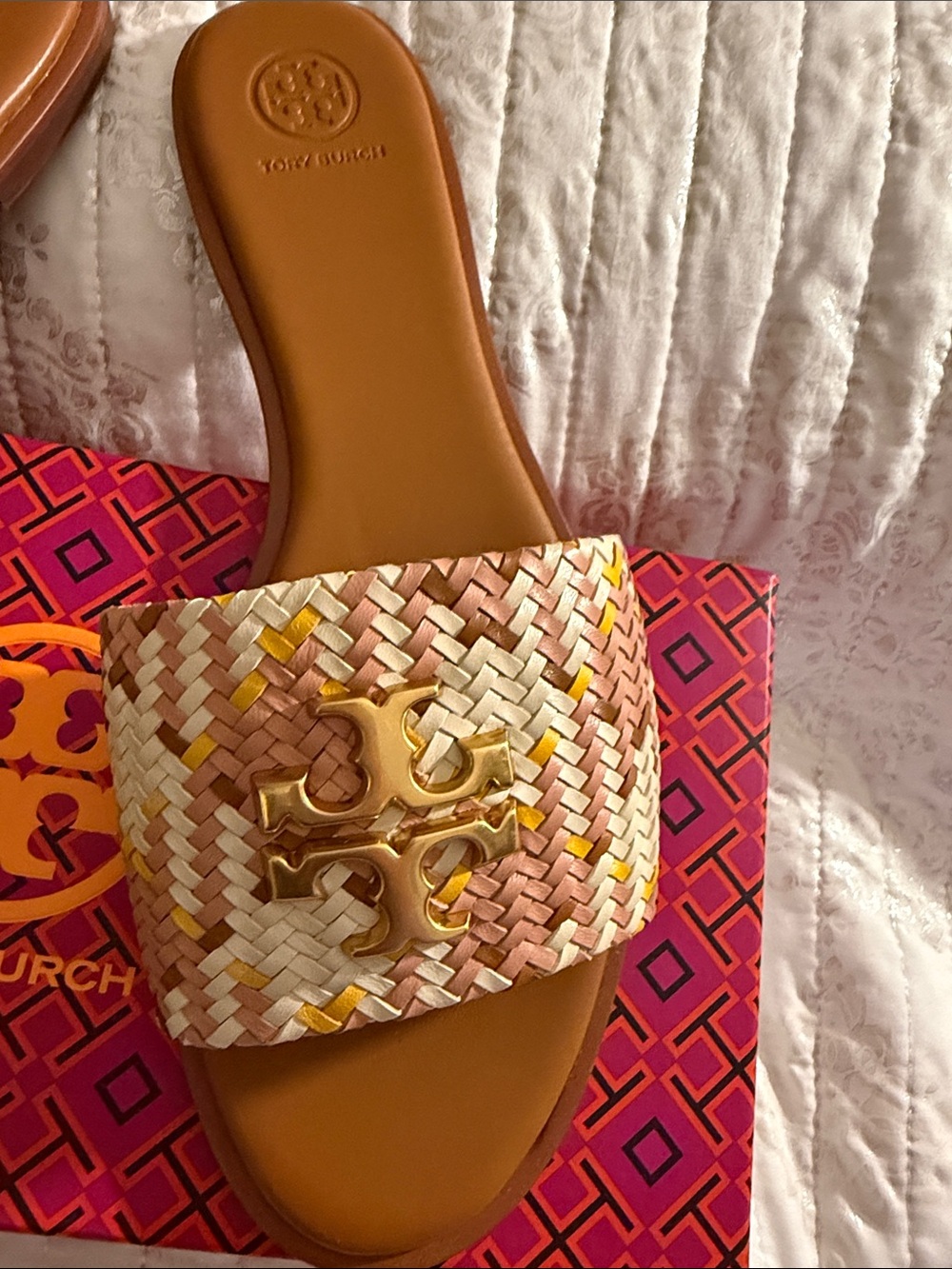 Tory Burch Everly Woven Slide Sandals with Gold Logo - Picture 2 of 5
